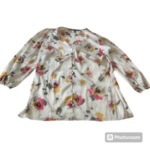 White House black market white floral print button blouse pink yellow black gray